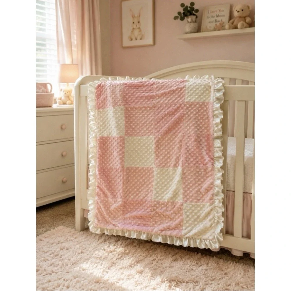 Vintage Small Wonders Kmart Pink White Minky Squares Satin Ruffle Baby Blanket